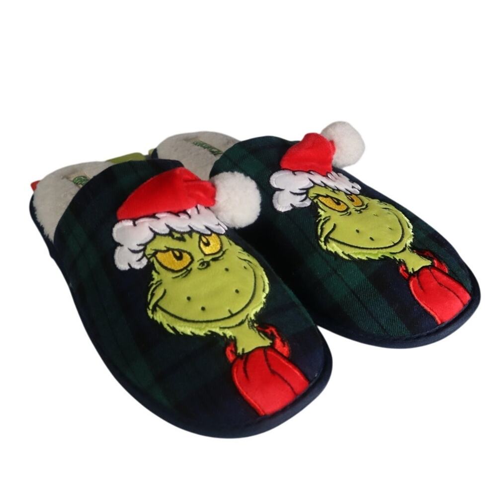 Grinch Men's XL 13 / 14 Sherpa Plaid Christmas Slippers